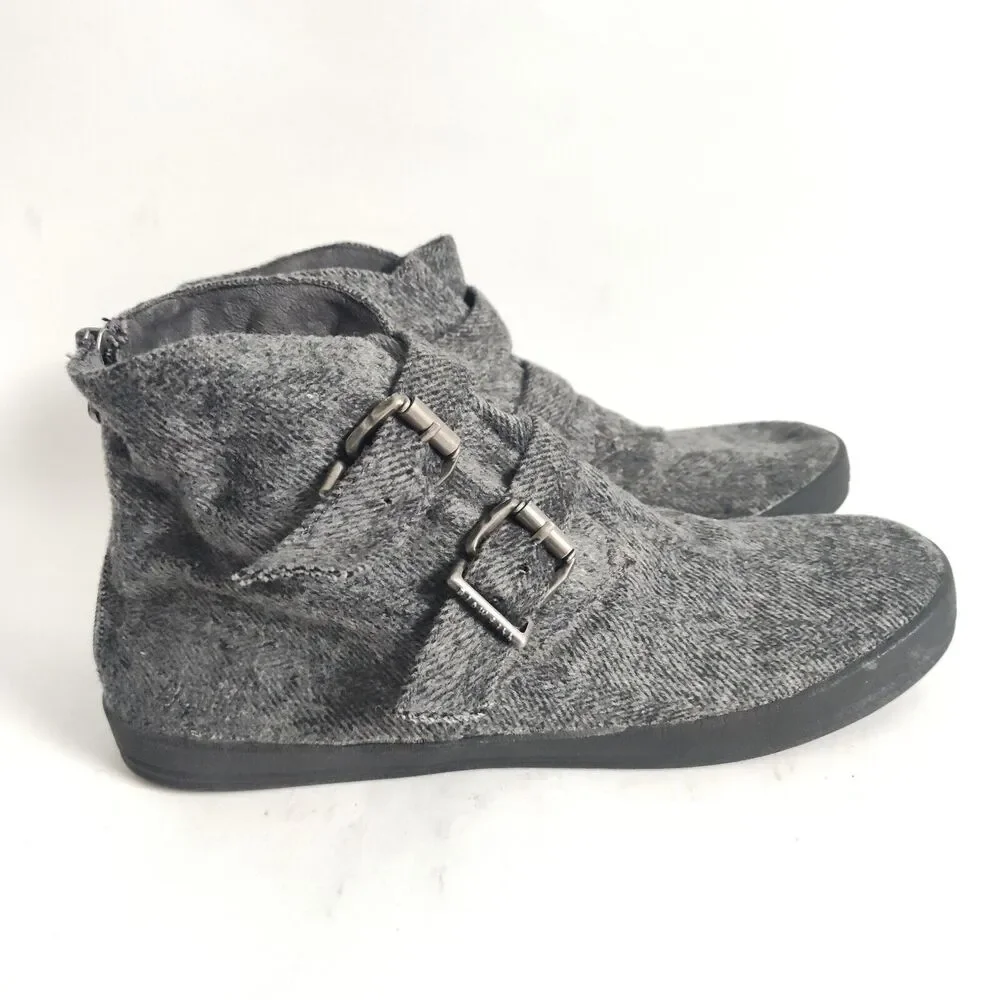 Blowfish Gray Herringbone Fabric Vegan Flat Ankle Boots Booties Buckles Size 10